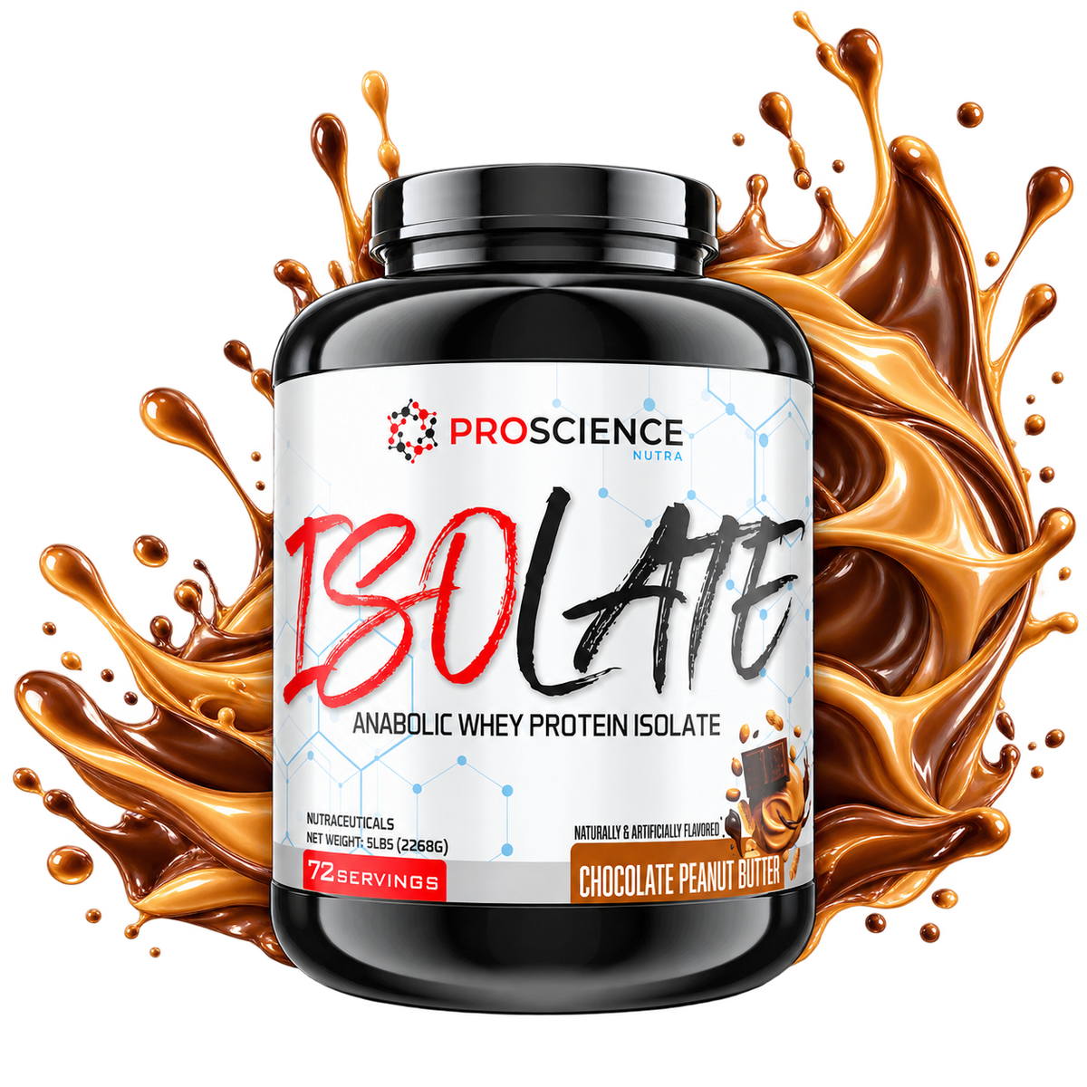 Proscience Nutra Chocolate Peanut Butter Whey Isolate with chocolate and peanut butter splash