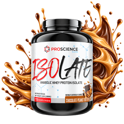 Proscience Nutra Chocolate Peanut Butter Whey Isolate with chocolate and peanut butter splash