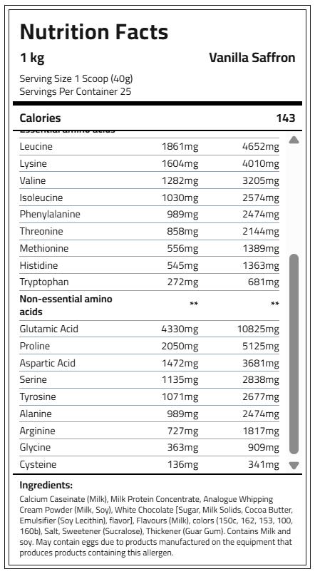 Vanilla Saffron Cookie Dough amino acid information and ingredients