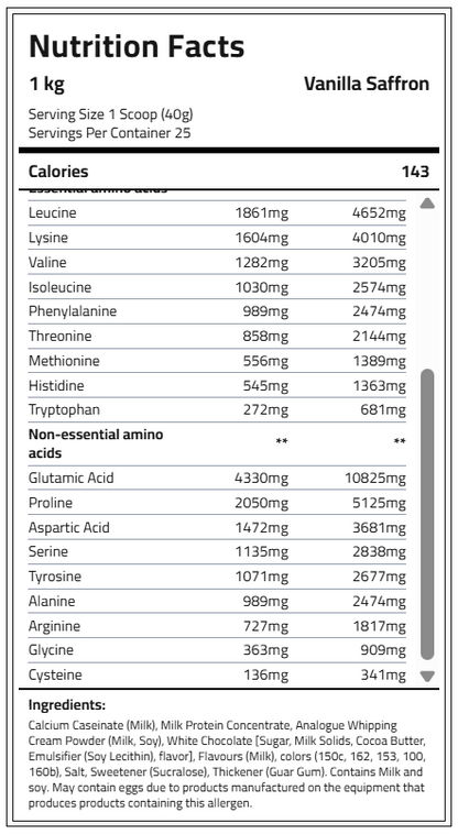 Vanilla Saffron Cookie Dough amino acid information and ingredients