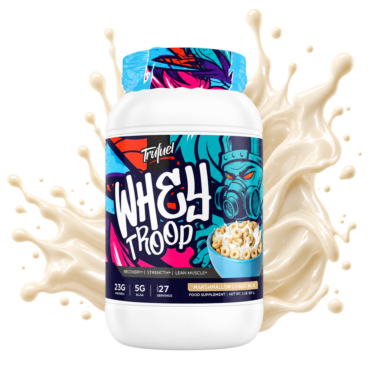 Trufuel Whey Troop Marshmallow Cereal Milk with milk splash