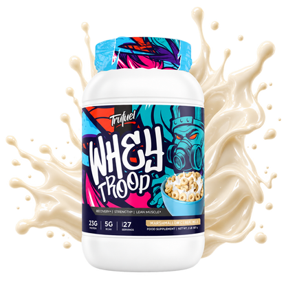 Trufuel Whey Troop Marshmallow Cereal Milk with milk splash