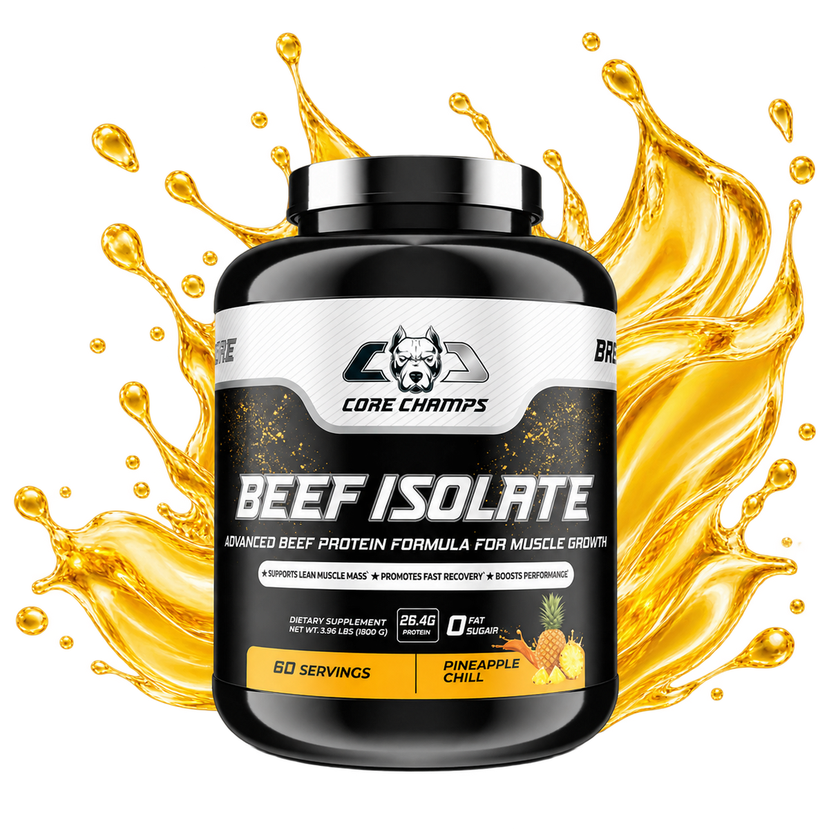 Core Champs Beef Isolate Pineapple Chill with pineapple-coloured splash