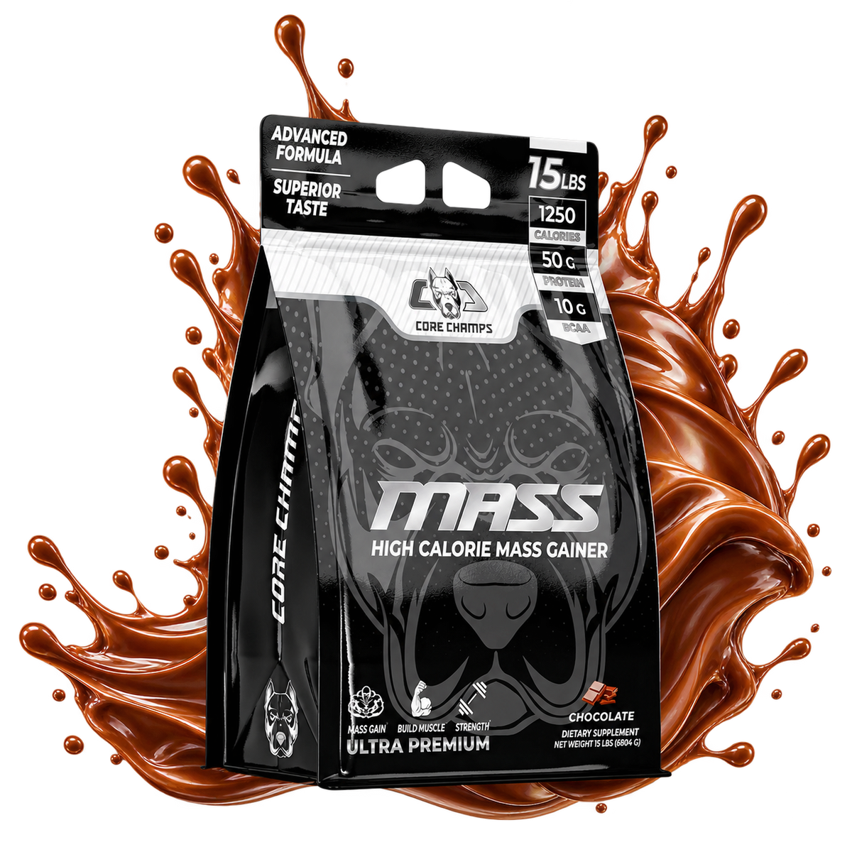 Core Champs Chocolate Mass Gainer with chocolate splash
