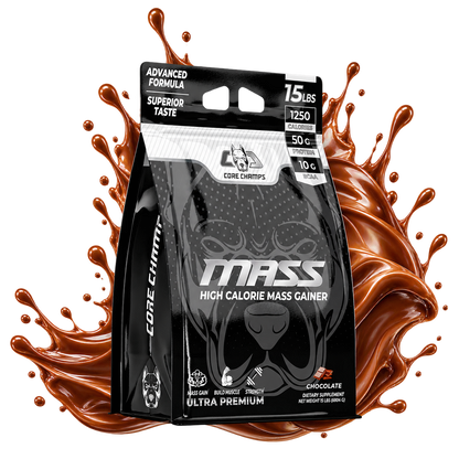 Core Champs Chocolate Mass Gainer with chocolate splash