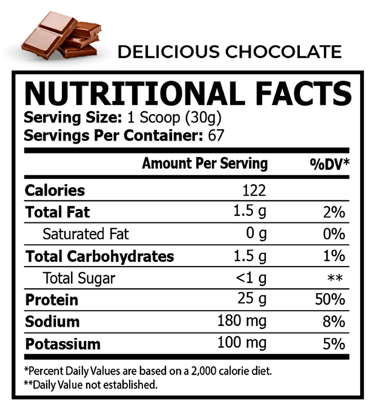 Delicious Chocolate nutritional facts per 30 g scoop